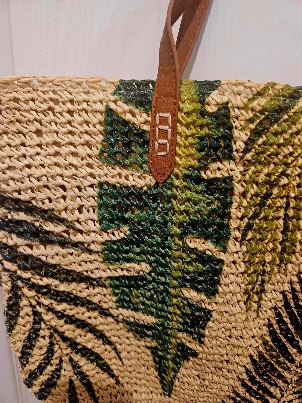 Macy's Woven Straw Tote with Green & Black Leaf Print and Brown Straps